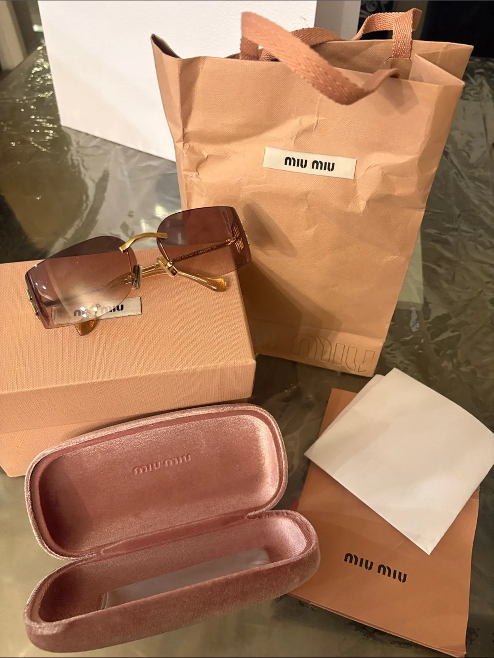 Miu Miu Rimless Sunglasses with Brown Gradient Lenses and Gold Temples